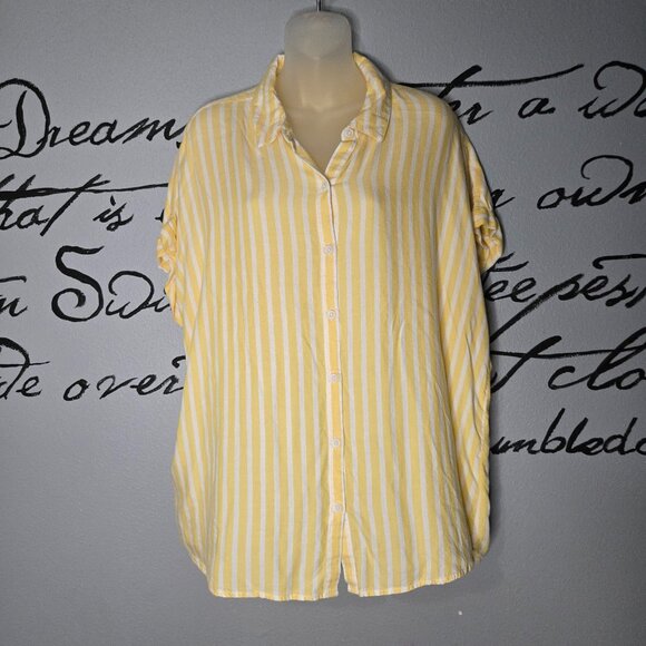 Beachlunchlounge Yellow & White Stripe Short Sleeve Button Down Blouse, XL - Picture 1 of 5
